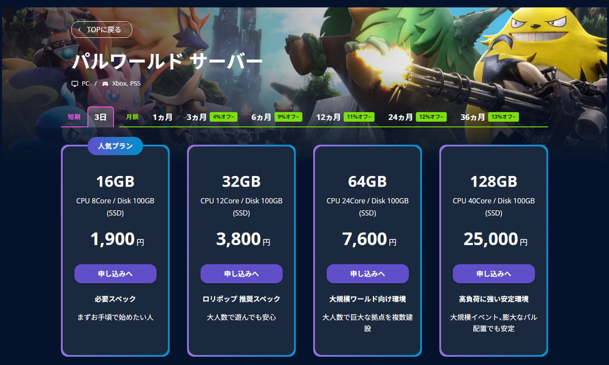 ロリポップ for Gamersのパルワールドサーバー料金(3日プラン16GB〜128GB)